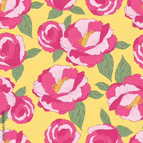 Seamless pattern Pink rose flower with folk art on yellow background