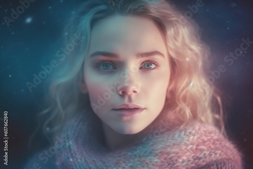 young girl with blond curls and blue eyes created with Generative AI technology