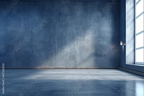 An empty blue grey room with concrete floor and wand walls. A big bright window to the right.