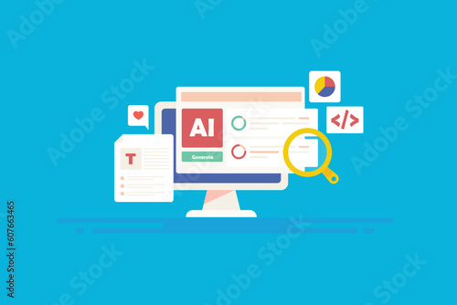 AI software technology improves website functionality, user experience, content creation and data analytics for search engine optimization. Vector illustration web banner.