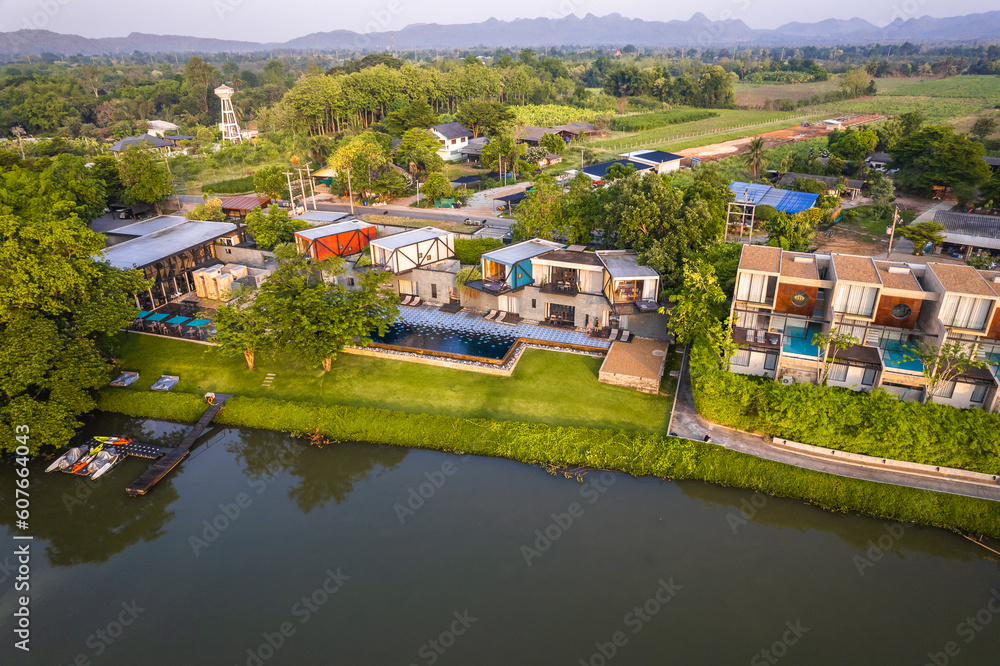 Aerial view of River Kwai and floating houses in Kanchanaburi province, Thailand Aerial view of River Kwai and floating houses in Kanchanaburi province, Thailand