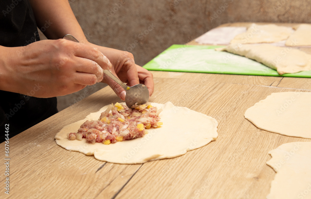 Preparing pizza dough with meat, onions and spices on wooden table Preparing pizza dough with meat, onions and spices on wooden table