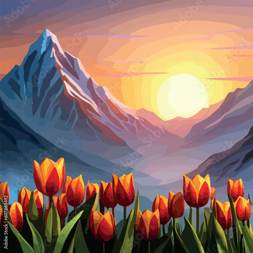 Spring landscape field tulips against backdrop mountains. Huge field colorful tulips, sky with clouds and sunset with sunbeams. Behind field is a mountain range. Spring vector illustration. photo