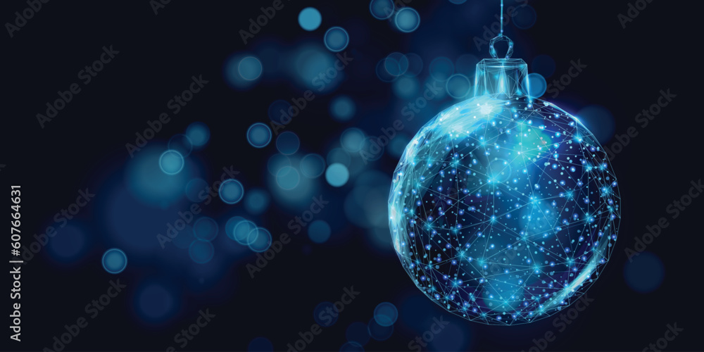 Wireframe Christmas ball on bokeh background, low poly style. Merry Christmas and New Year banner. Abstract modern 3d vector illustration. Wireframe Christmas ball on bokeh background, low poly style. Merry Christmas and New Year banner. Abstract modern 3d vector illustration.