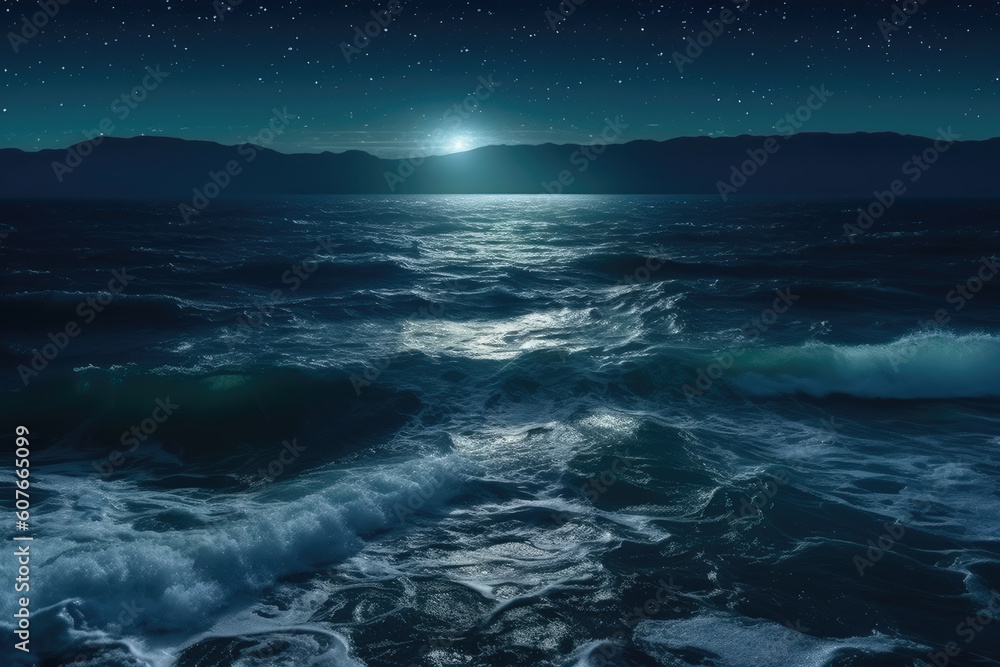 View of the sea and the starry night sky. General AI.