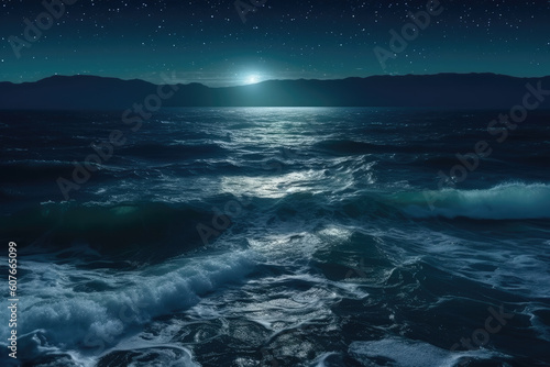 View of the sea and the starry night sky. General AI.