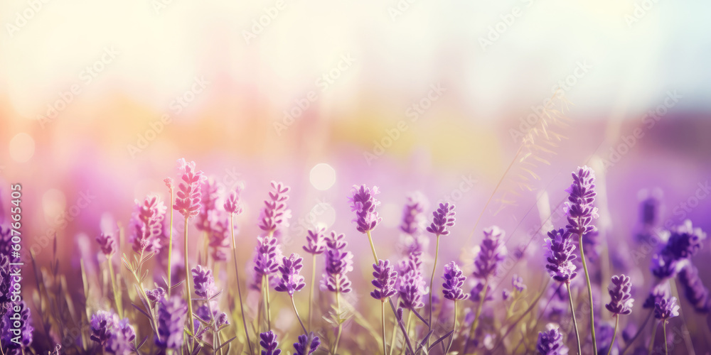 Fototapeta premium Lavender field in the morning. Beautiful Floral background for greeting card for Mother's day, Birthday, Womens day, Wedding. Generative ai illustration