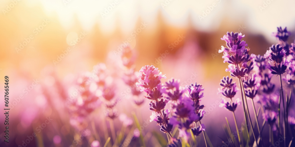 Lavender flowers in the sun. Lavender field at sunset. Beautiful Floral background for greeting card for Mother's day, Birthday, Womens day, Wedding. Generative ai illustration Lavender flowers in the sun. Lavender field at sunset. Beautiful Floral background for greeting card for Mother's day, Birthday, Womens day, Wedding. Generative ai illustration