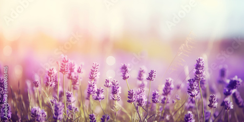 Lavender field in the morning. Beautiful Floral background for greeting card for Mother's day, Birthday, Womens day, Wedding. Generative ai illustration