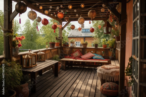Summer cozy veranda with a canopy decorated with lanterns. General AI. photo