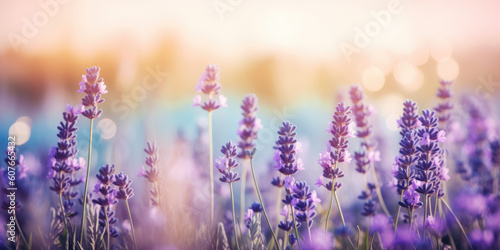 Purple Lavender Flowers Field with sun light. Beautiful Floral background for greeting card for Mother s day  Birthday  Womens day  Wedding. Generative ai illustration