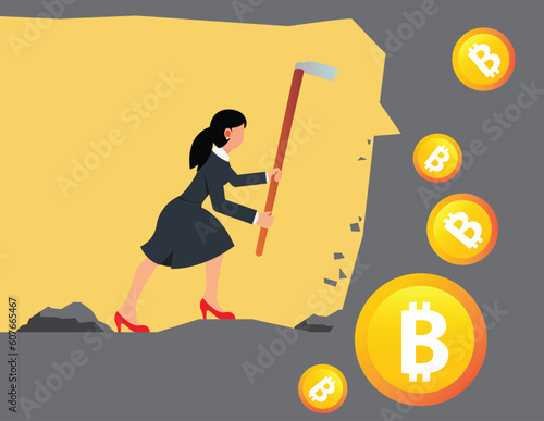 Businesswomen Digging Bitcoin with hoe. destination, victory to success concept