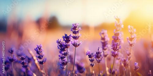 Lavender field at sunset. Beautiful Floral background for greeting card for Mother's day, Birthday, Womens day, Wedding. Generative ai illustration