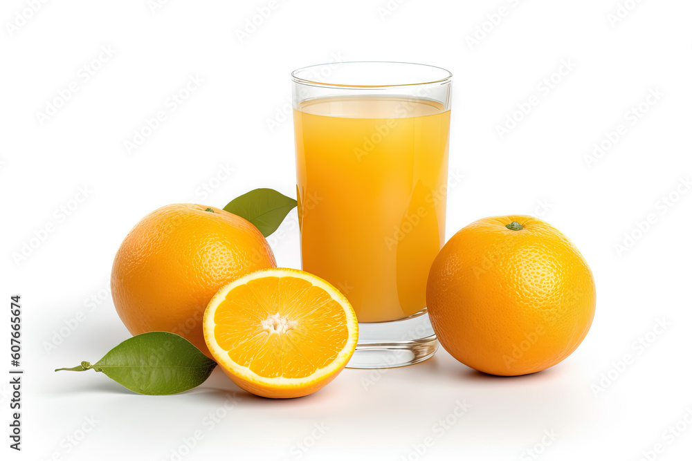 A glass of orange juice with sliced orange isolated on white background. Created with Generative AI Technology A glass of orange juice with sliced orange isolated on white background. Created with Generative AI Technology