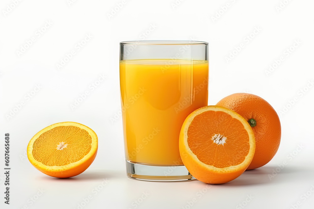 A glass of orange juice with sliced orange isolated on white background. Created with Generative AI Technology A glass of orange juice with sliced orange isolated on white background. Created with Generative AI Technology