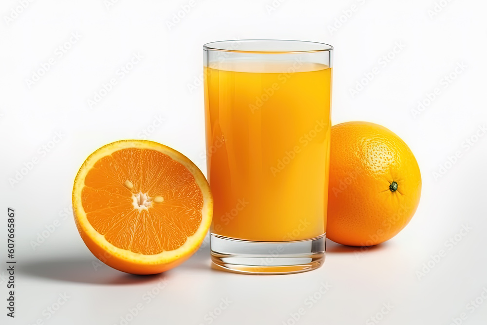 A glass of orange juice with sliced orange isolated on white background. Created with Generative AI Technology A glass of orange juice with sliced orange isolated on white background. Created with Generative AI Technology