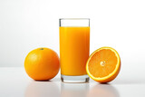 A glass of orange juice with sliced orange isolated on white background. Created with Generative AI Technology