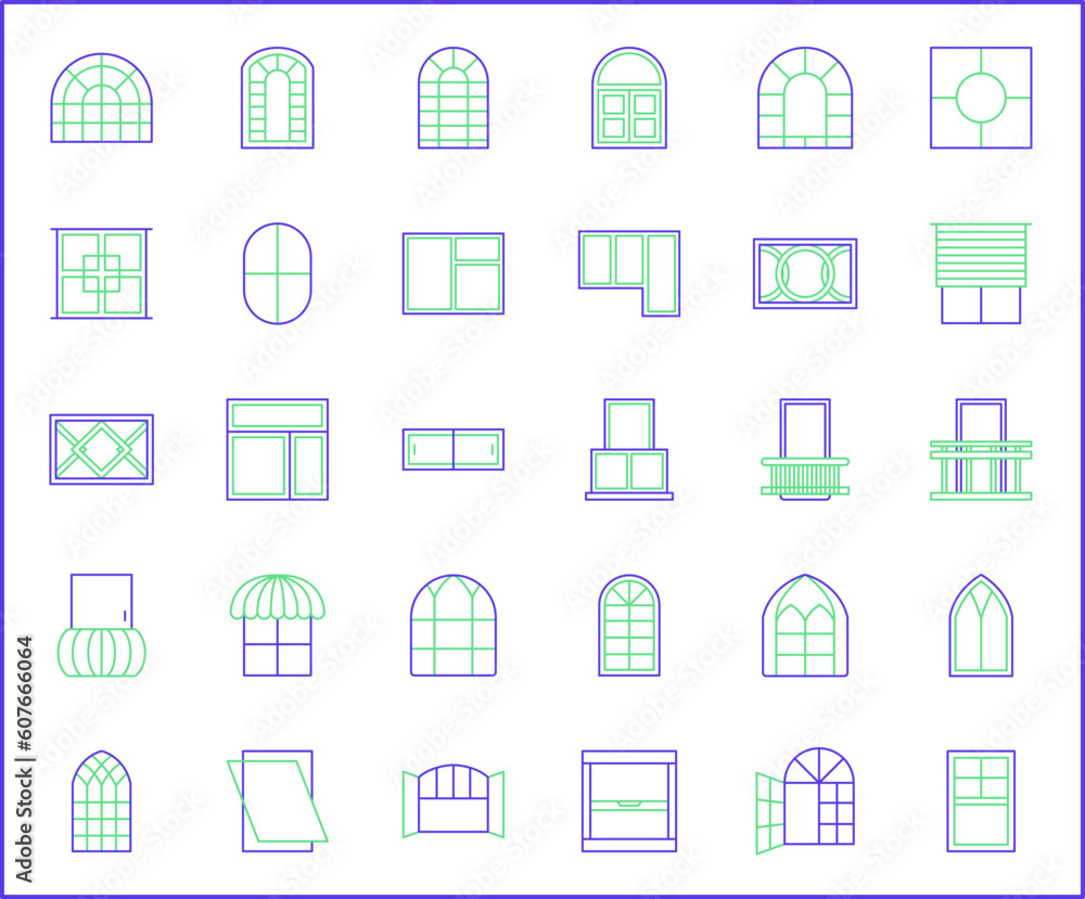 Simple Set of window Related Vector Line Icons. Vector collection of open, close, curtain, French door, glass and design elements symbols or logo element. Simple Set of window Related Vector Line Icons. Vector collection of open, close, curtain, French door, glass and design elements symbols or logo element.