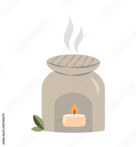Aroma lamp and tea tree with burning candle.