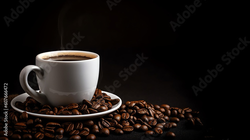 cup of coffee with coffee beans on a dark background with space for copy - generative ai
