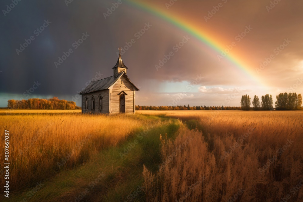 small church in a field under a rainbow created with Generative AI technology