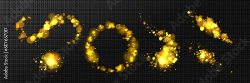 Blurred golden lights sparkling on black background. Vector realistic illustration of abstract shimmering dust, defocused stars at night, magic fireflies in darkness, Christmas garland bokeh effect