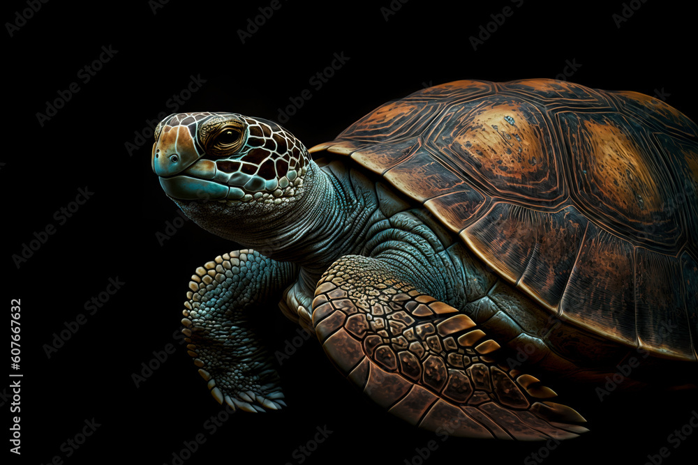 Fototapeta premium Image of a turtle on a black background. Underwater animals. Illustration. Generative AI.