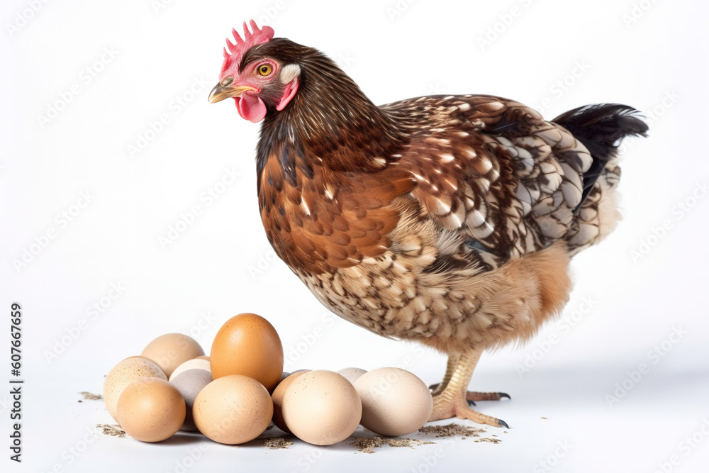 Fototapeta premium Image of hen with eggs on a white background. Farm animals. Illustration. Generative AI.