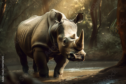 Image of rhinoceros in the wild on nature background. Wildlife Animals. Illustration. Generative AI.