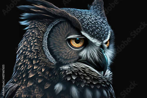 Image of colorful owl on dark background. Wildlife Animals. Bird. Illustration. Generative AI.