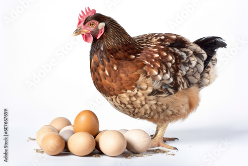 Image of hen with eggs on a white background. Farm animals. Illustration. Generative AI.