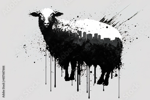 Image painting of a sheep drawing using a brush and black ink on white background. Farm animals. Illustration  Generative AI.