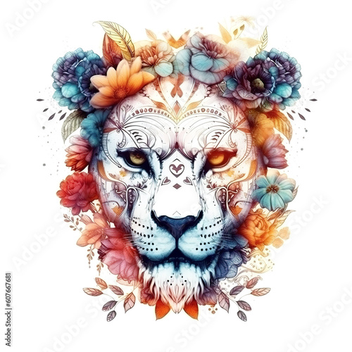 Image of a lion female head with colorful tropical flowers. wildlife. Animal. illustration  Generative AI.