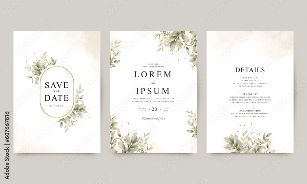 Wedding invitation template set with elegant watercolor floral decoration