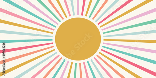 Sunshine background vector border with rainbow coloured rays. Fun summer design element.