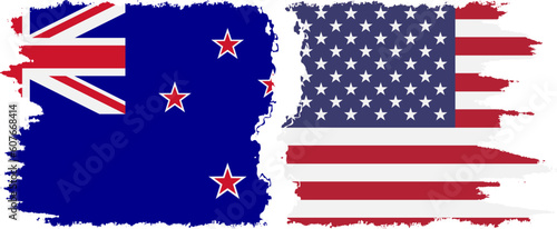 United States and New Zealand grunge flags connection vector