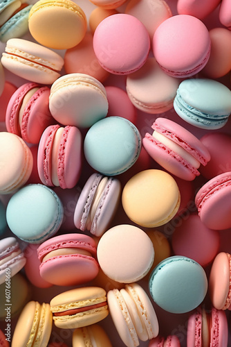 Beautiful close-up of a pile of pastel colored Macarons, made with generative AI