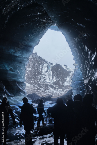 Explorers Inside Katla Glacier Ice Cave, Iceland