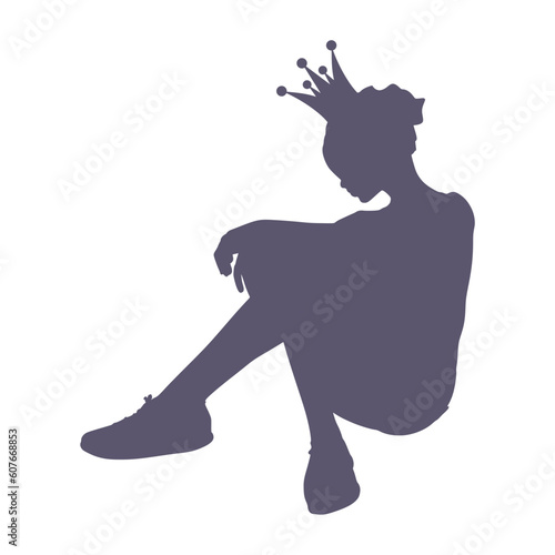 Unhappy woman sitting on floor and hug her knee, thinking about problems. Upset princess feeling lonely and sad, psychological and mental troubles. Suffering from bad relationship or break up