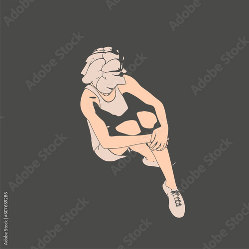 Beautiful woman resting after exercise. Sport girl illustration. Young woman wearing workout clothes. Sport fashion girl outline in urban casual style.