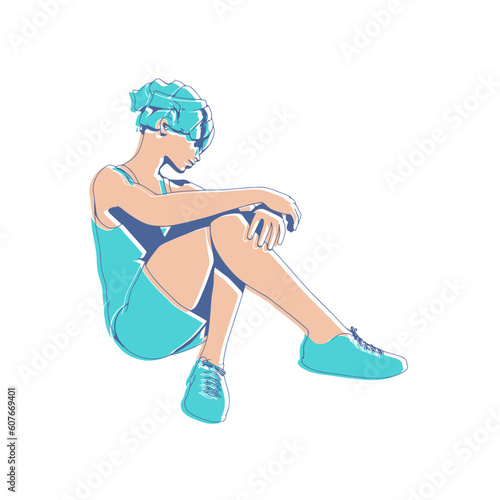 Beautiful woman resting after exercise. Sport girl illustration. Young woman wearing workout clothes. Sport fashion girl outline in urban casual style.