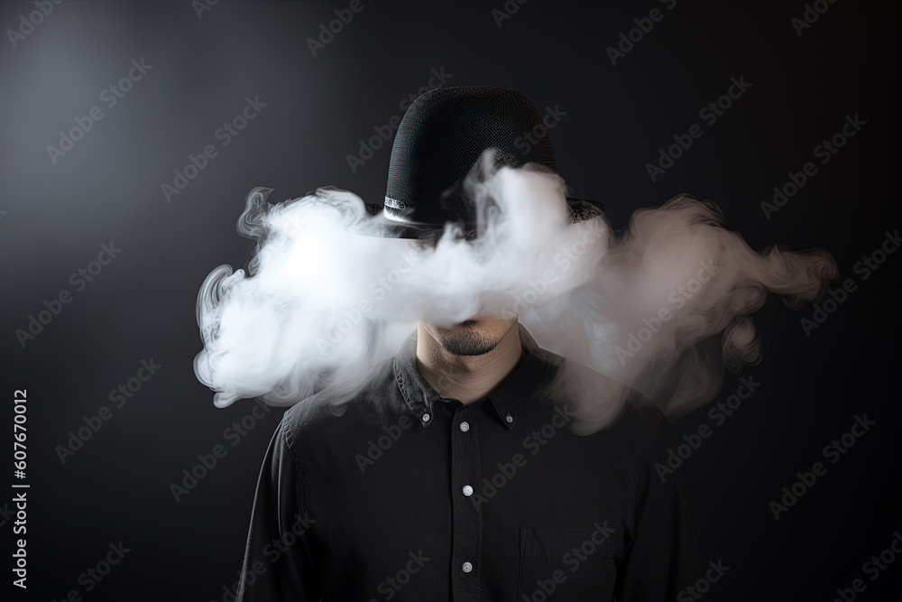 Smoke enveloped a man wearing a hat. Portrait of stylish man with smoke on dark background