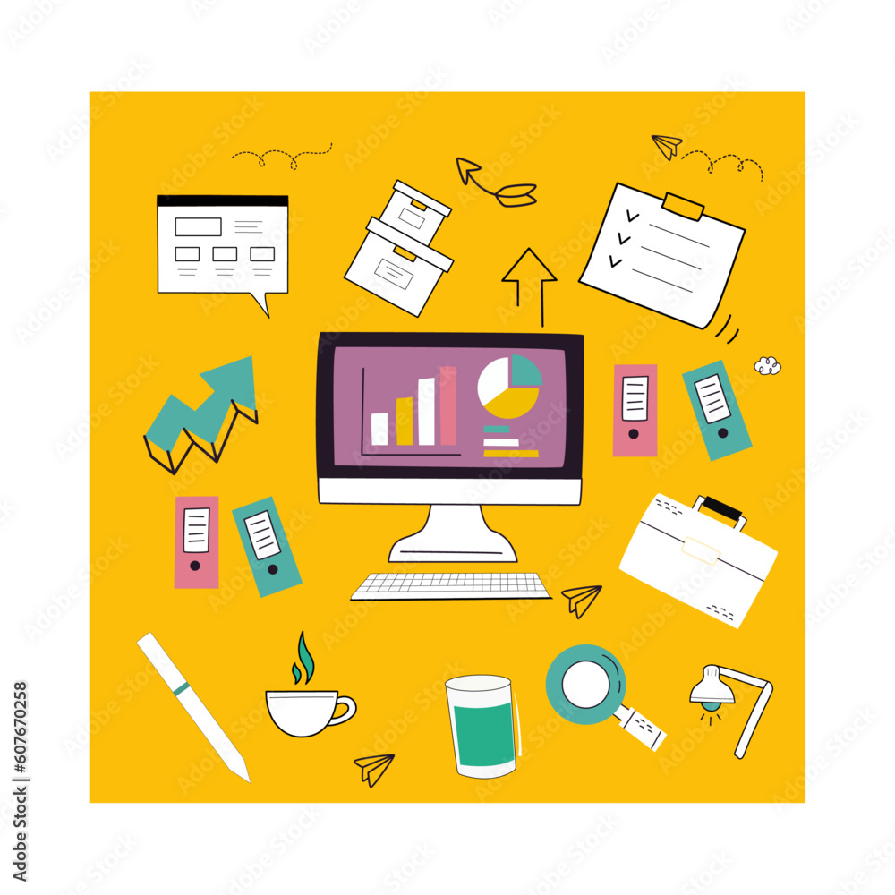 illustration of objects and icons used for office work vector illustration art