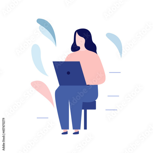 animated girl is working on the laptop with her office work sitting on the chair vector illustration art