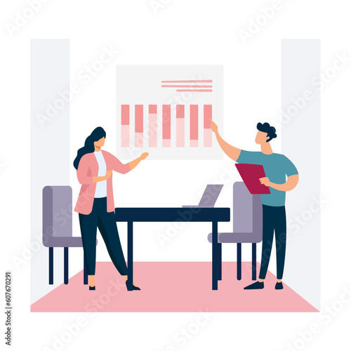 business lady boss is doing conversation with employee of the office regarding how we can grow our business vector art illustration