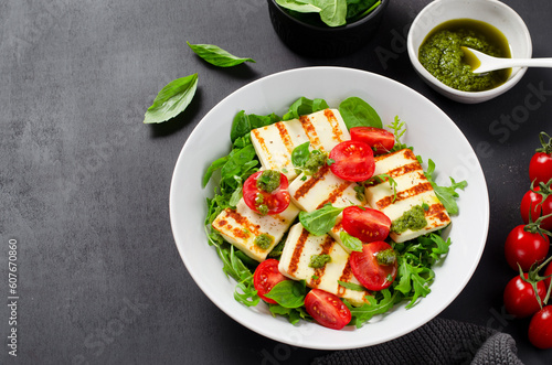 Grilled Halloumi Cheese with Cheery Tomatoes and Pesto with Arugula, Spinach, and Basil, Ketogenic Paleo Diet Lunch