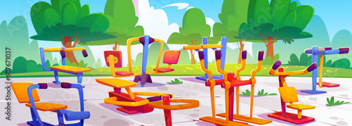 Outdoor gym equipment in summer park with green trees. Vector illustration of colorful machines for street workout exercising, fitness training in public garden, school yard or campus on sunny day