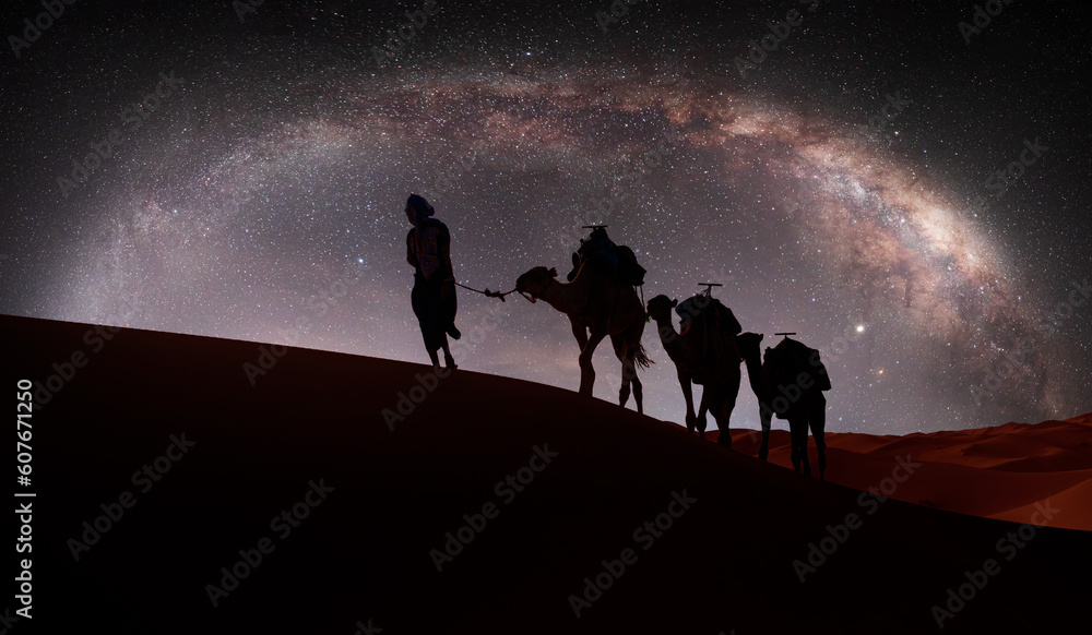 Camel caravan in the desert at sunrise with Milky Way galaxy -  Sahara, Morrocco 