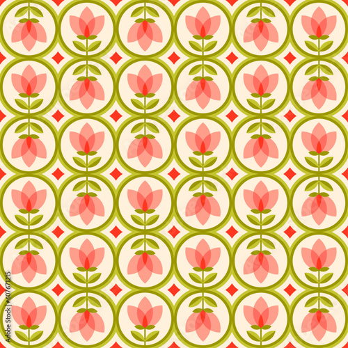 Retro cute geometric flower with round seamless pattern background.