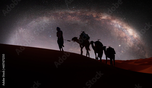 Camel caravan in the desert at sunrise with Milky Way galaxy - Sahara, Morrocco 